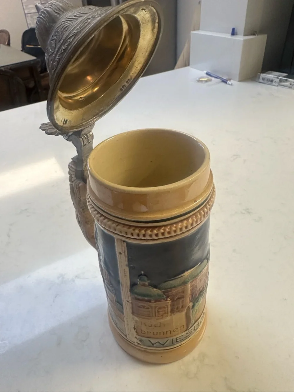 German Ceramic Beer Stein with Pewter Lid - Blue and Tan